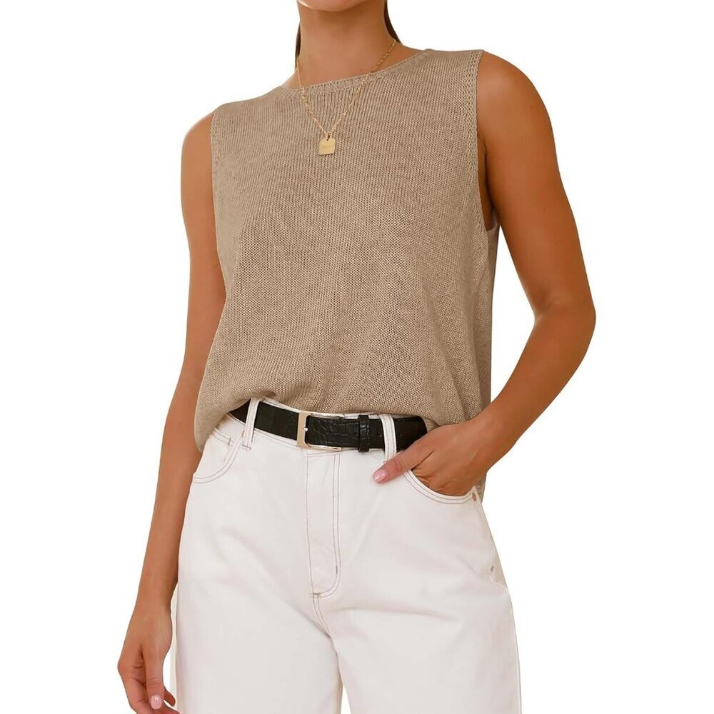 🆕Btfbm Women Khaki Sleeveless Crew Ribbed Knit Lightweight Pullover Sweater